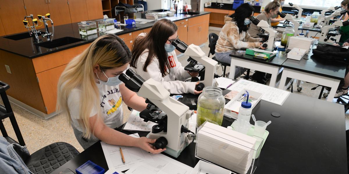 Students inspecting item in Biology class.